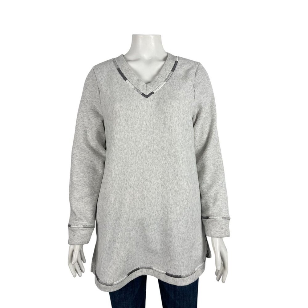 Soft Surroundings Fleece Lined Tunic Sweatshirt Small Gray Embroidered Trim
